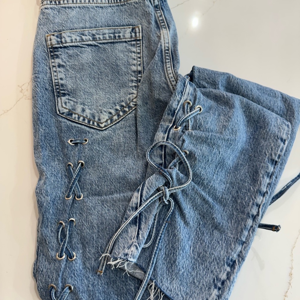 Zara Blue Ankle Cropped Lace-Up Jeans